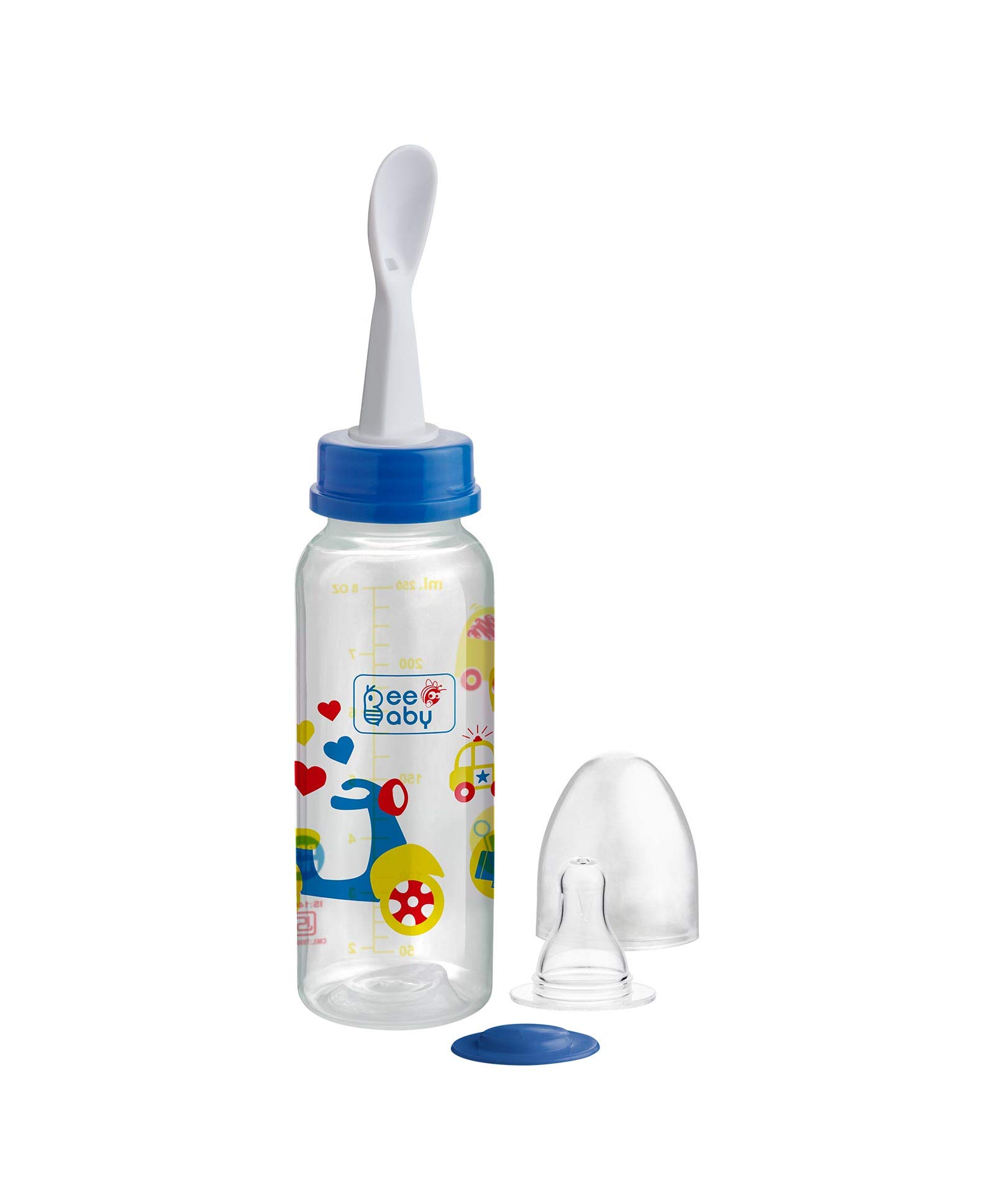 Beebaby Gentle 2 in 1 Polypropylene Standard Neck Baby Feeding Bottle with Feeder (Plastic) Spoon. (Blue, 250ml)