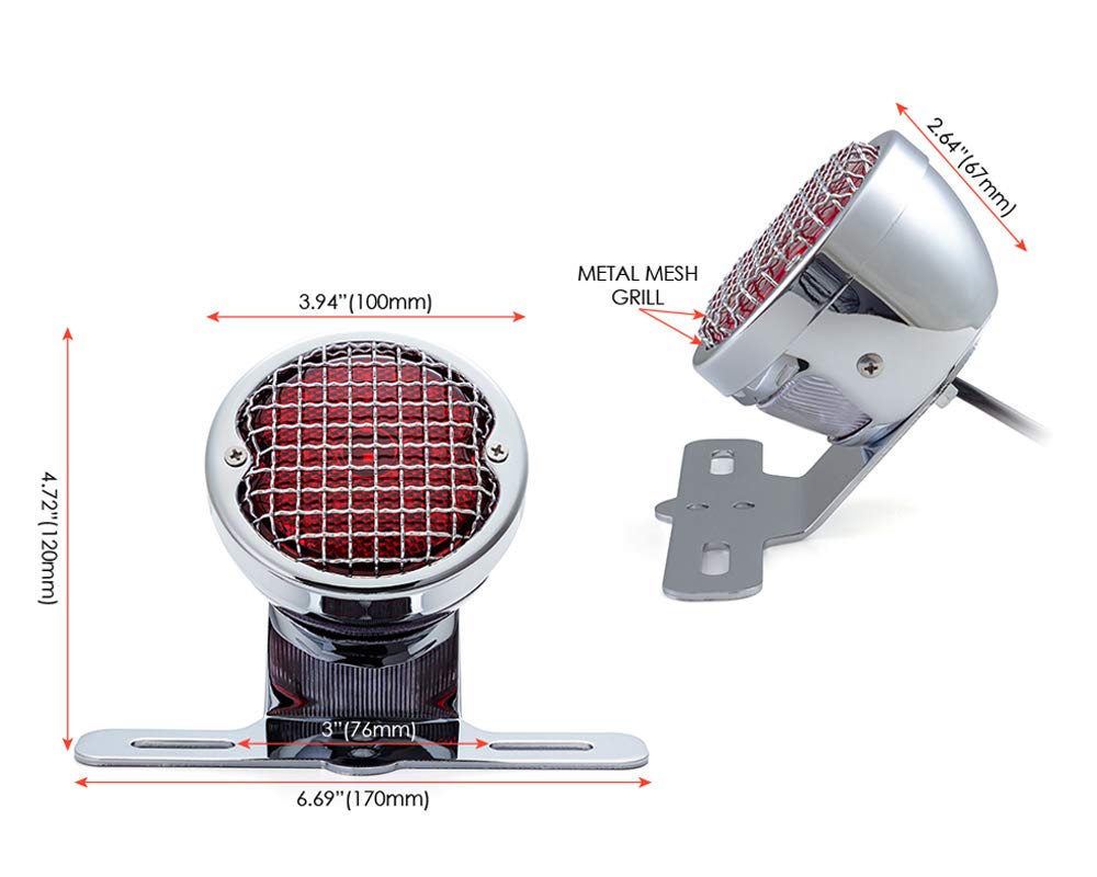 Fanale posteriore a LED per moto, stile vintage, con griglia in rete retrò e supporto per targa, ideale per Cafe Racer, Chopper e moto personalizzate, LED da 12 V (cromato)