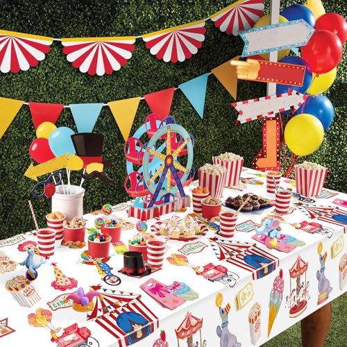 Image of Hxezoc 3 Pack Circus Party Tablecloths, 54 x 108 Inch Disposable Plastic Carnival Table Cover for Carnival Birthday Party Decorations Outdoor Indoor Supplies