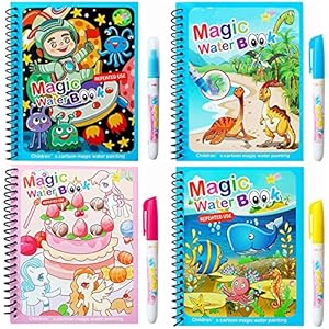 Magic Water Colouring Book,LONTOM 4pcs Reusable Water Painting Books with Water Pen for Kids,Early Education Doodle Mess Free Painting Toys,Learning Gifts for Toddlers Boys Girls Ages 3 Years Plus