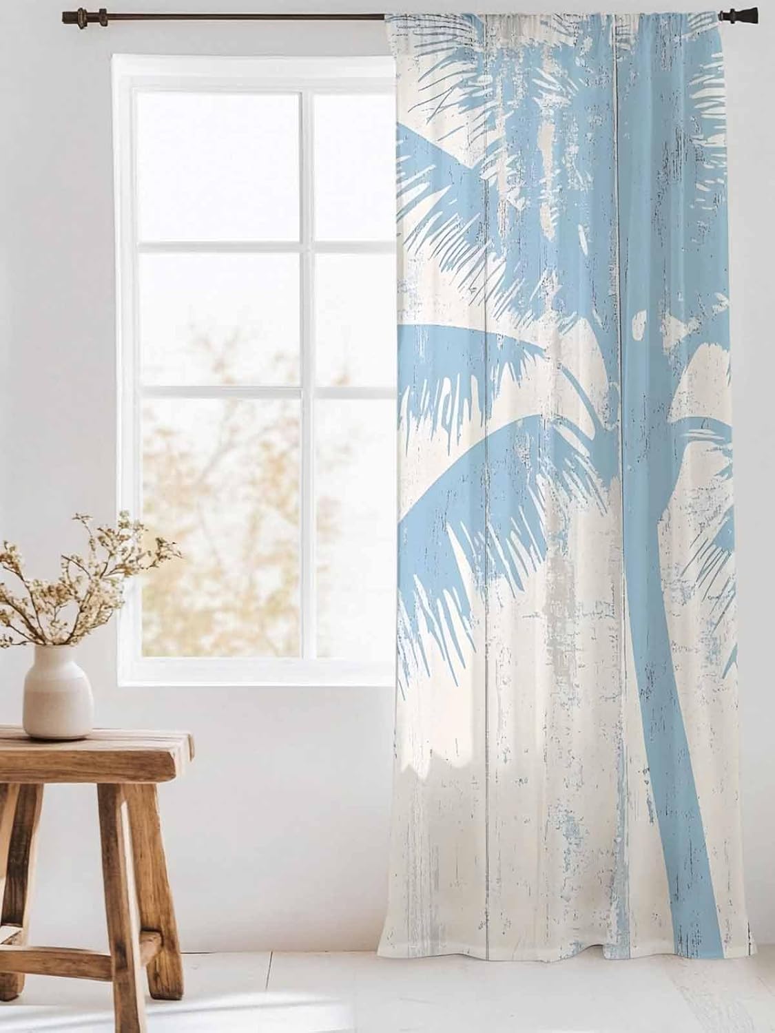 Blue Coastal Palm Trees Chiffon Sheer Curtain Silhouette Retro Farm Beige Wood Grain Rod Pocket Window Panel Light Filtering Privacy Voile Window Treatment for Living Room Bedroom 52"x96" 1 Panel