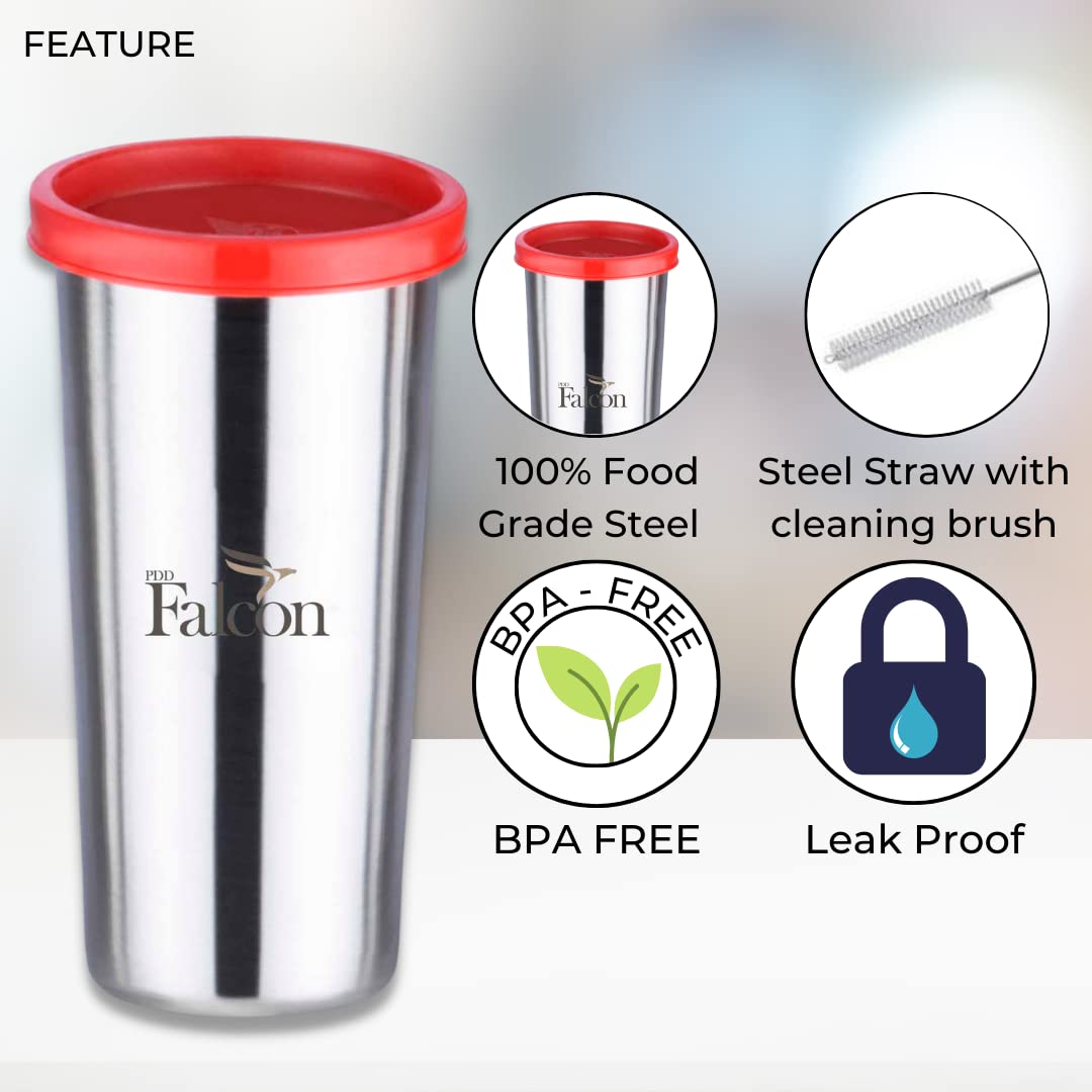 PDDFALCON Steel Straw Sipper Glass with Extra Lid & Cleaning Brush,100% Leakproof BIS Certified, Jindal Seal & Made in India - 520ml (Red) 3