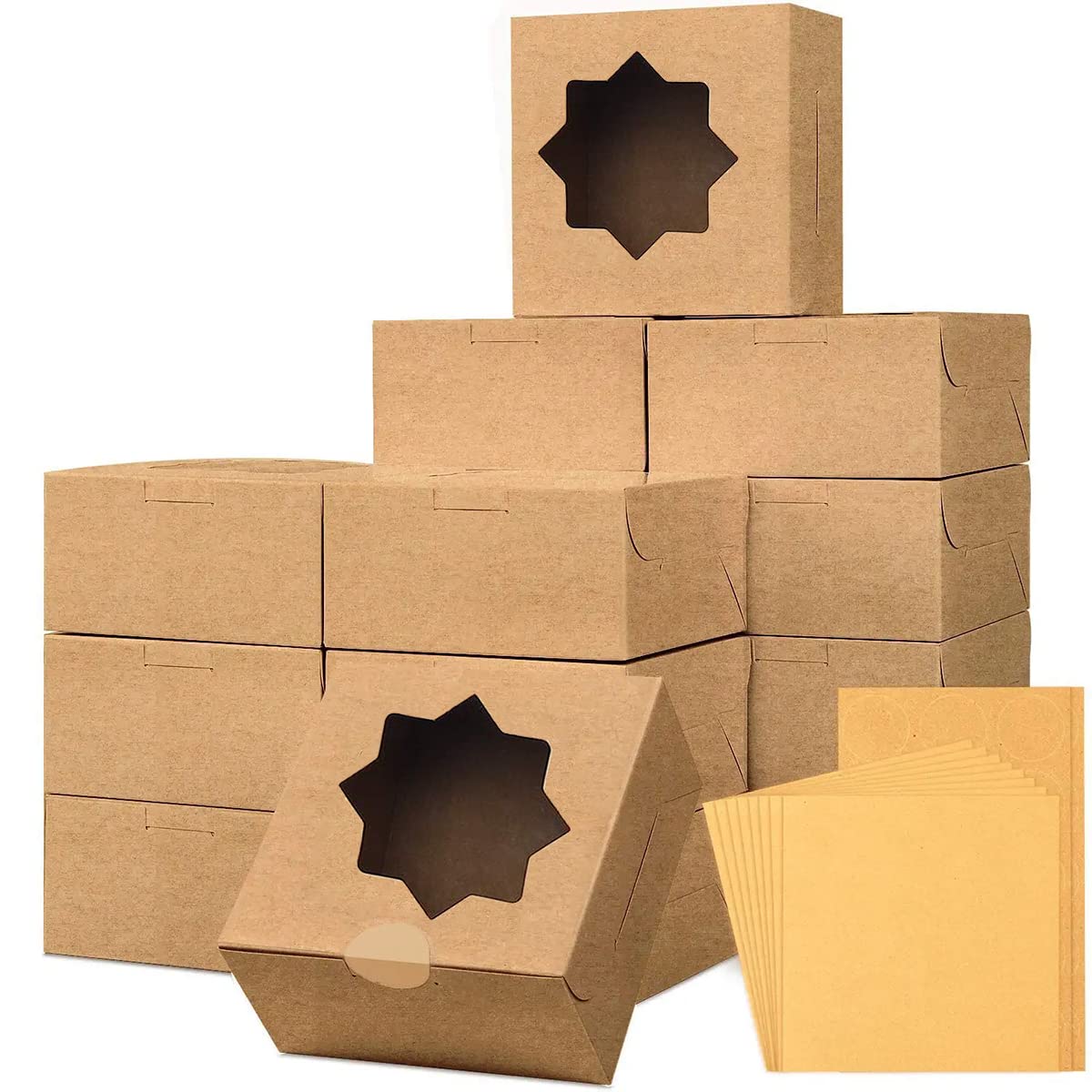 Fnoko50 Pcs Cupcake Boxes Individual, 4X4X2.5 Inch Brown Single Cupcake Boxes with Window, Kraft Cupcake Containers for Cookies, Muffins, Pastries, Wedding Baby Shower Birthday Graduation
