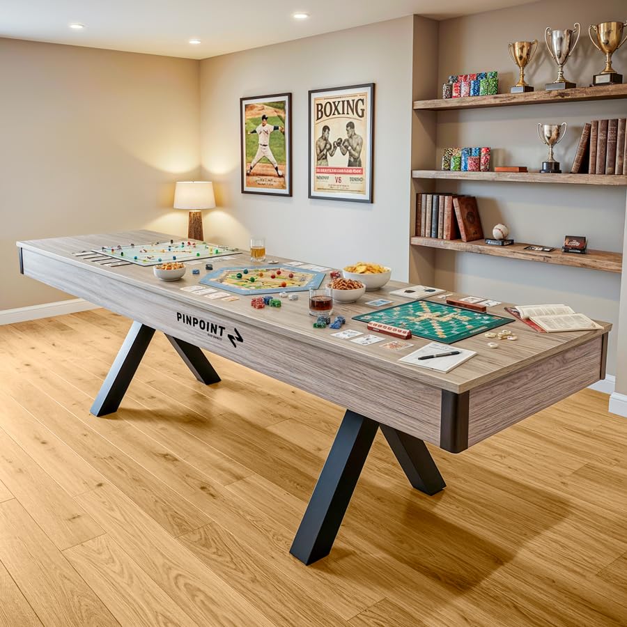 PINPOINT Zestaw gier stołowych 2 w 1 Shuffleboard – pełnowymiarowa tablica do shuffleboardu o długości 2,7 m, z konwersją stołu do jadalni, krążków, wosku i pędzla w zestawie – wysokiej jakości stół