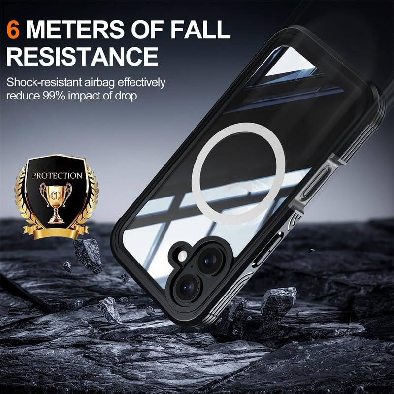 Image of LuxuryKase Shockproof Front & Back Cover for iPhone 16 with Full Body Protection | Strong Grip | Camera & Screen Guard | Wireless Charging Support | Durable TPU+PC Design - Black
