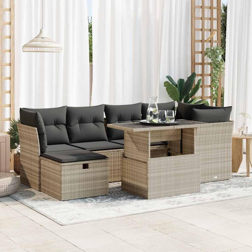 7-TLG Juego de sofá de jardín gris claro, ratán poli, resistente a los rayos UV, diseño modular, con espacio de almacenamiento, bolsas impermeables, fundas extraíbles, para terraza, balcón