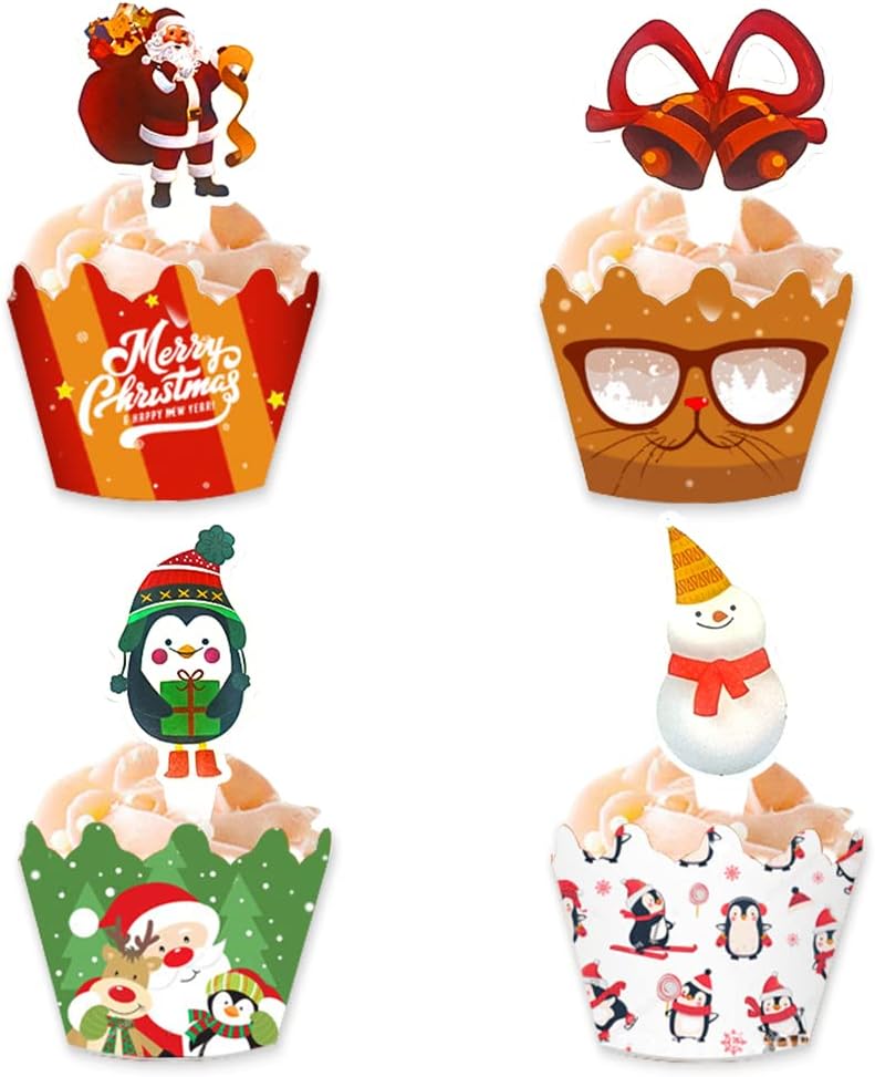48 Pieces Christmas Cupcake Toppers Wrappers, Snowman Santa