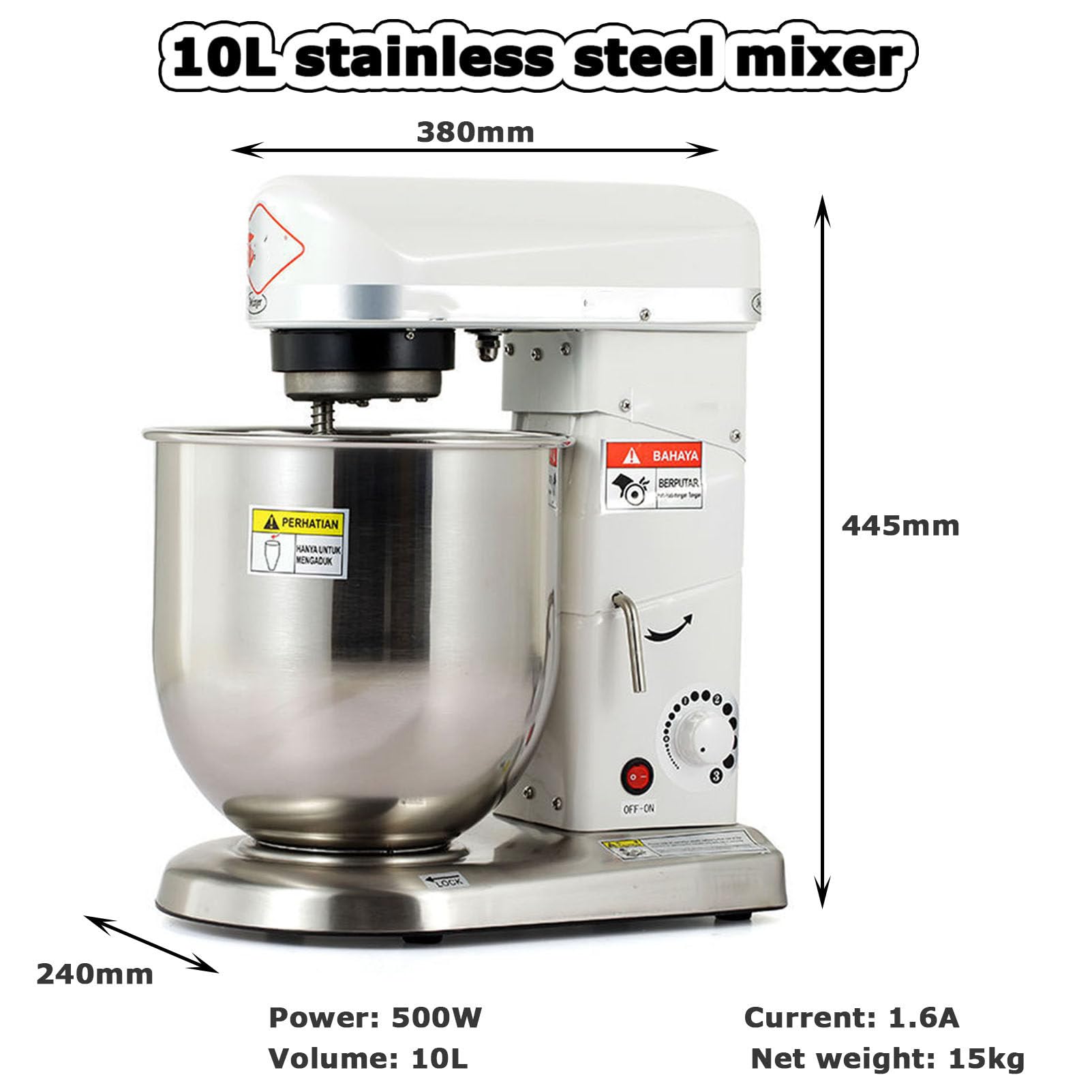 10L Electric Stand Mixer 500W Multi-Function Commercial Cake Mixer Electric Kitchen Food Mixer with Stainless Steel Bowl, Beater, Dough Hook (White)