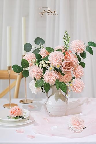 Miniatura 2 de Flores de dalia de imitación para boda, 25 rosas rosadas con tallos para decoración de boda, centro de mesa, arreglo de ramo (rubor)