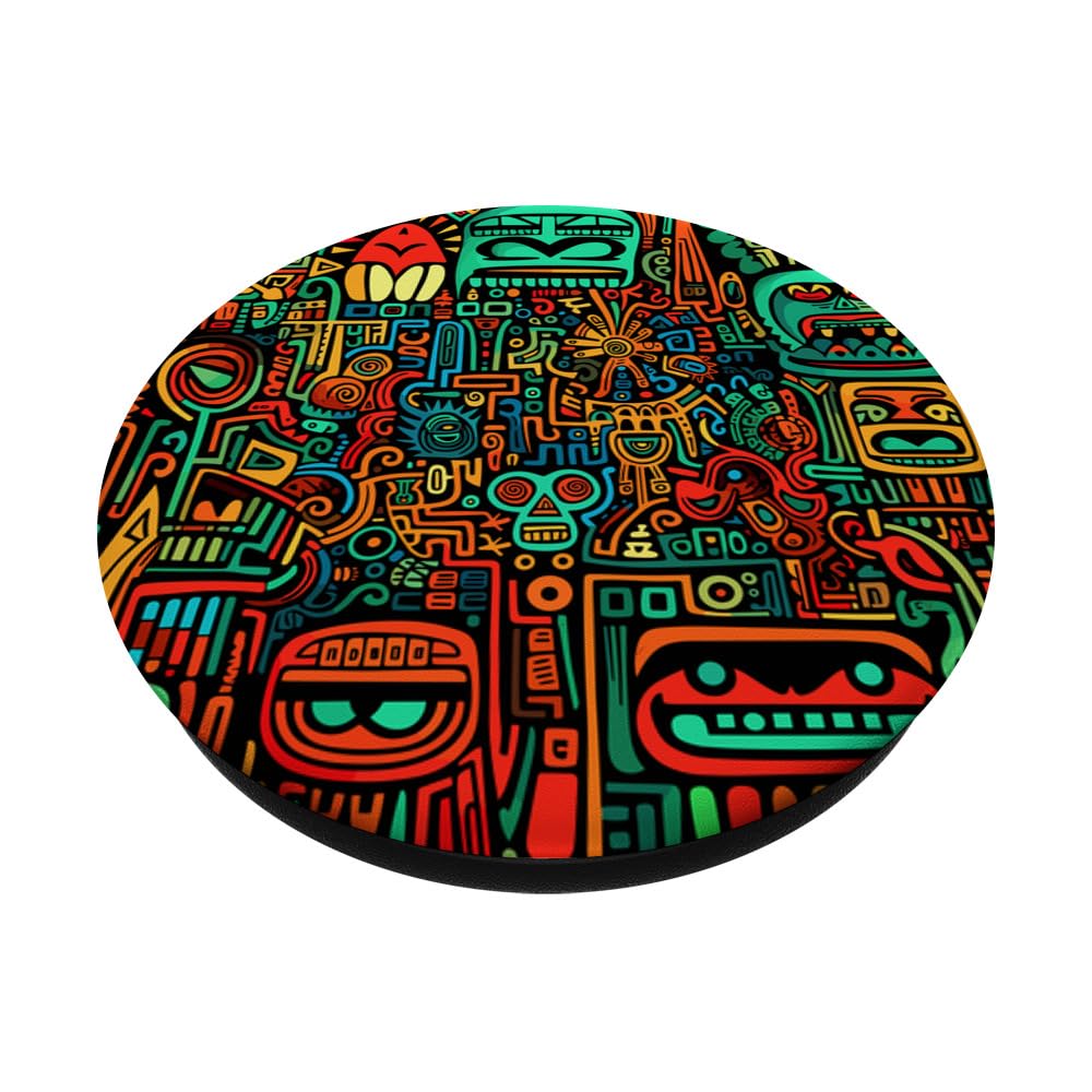 Tribal Figures Colorful Drawing Mesoamerican Style Mayan Art PopSockets Swappable PopGrip, Black - Image 2
