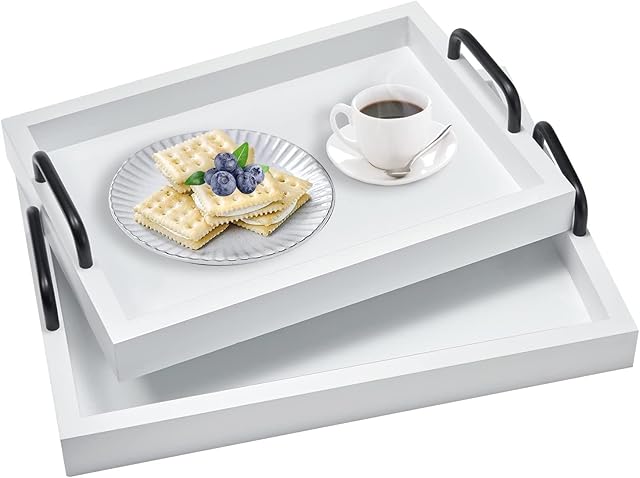 BIGLUFU White Tray with Handles, Set of 2 Wooden Serving Trays for Breakfast, Rectangular Serving Tray for decoration, Serving Platter for Coffee