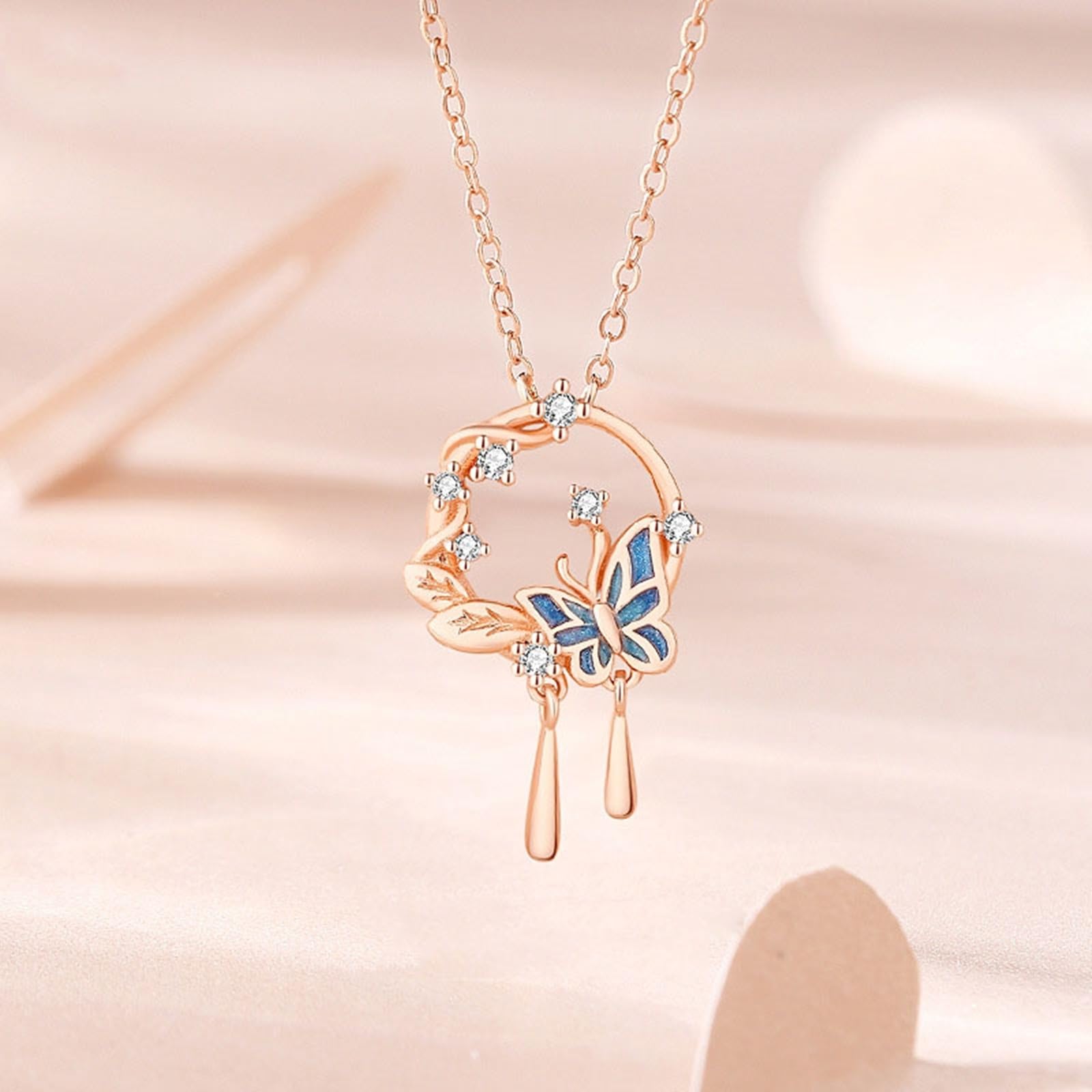 Collana Matrimonio Oro Rosa 9kt/14kt/18kt, Collane Ciondolo Farfalla Donna con Diamante Lab, Catena Regolabile 40+5 cm