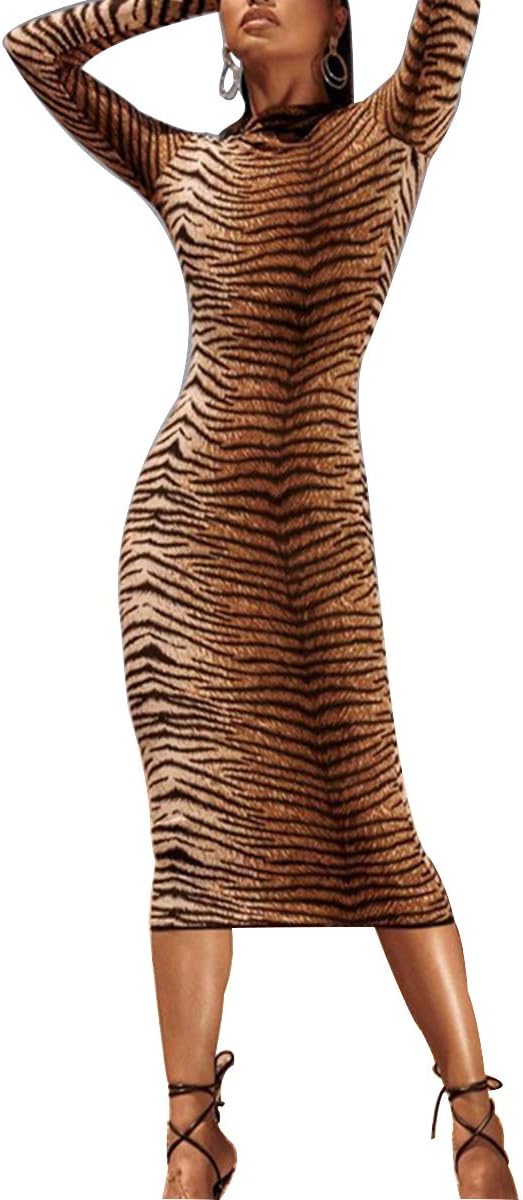 LuFeng Women's Long Sleeve High Neck Tigerskin Snakeskin Print Midi Bodycon Dress Party Club Dress - Image 2