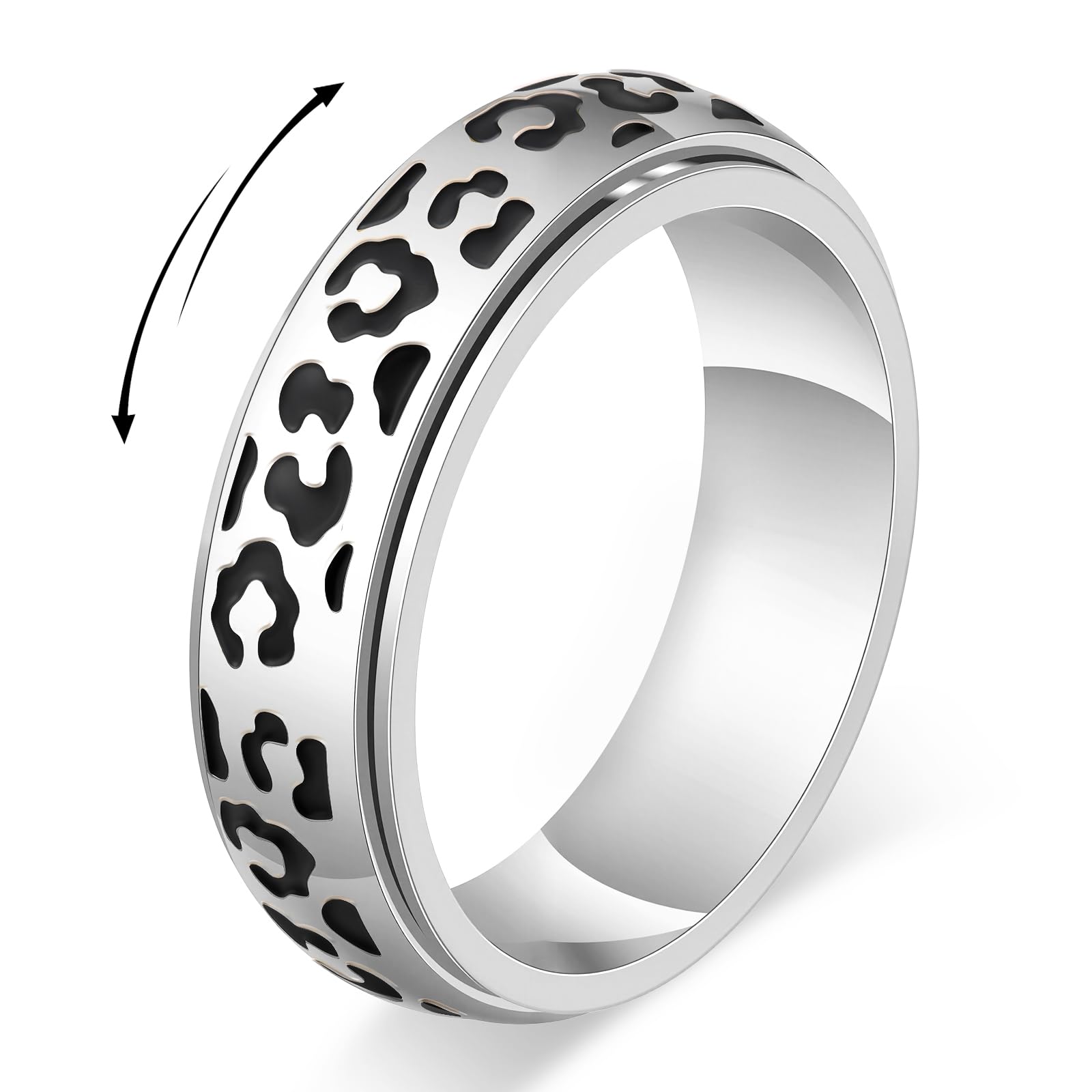 Black Leopard Print Fidget Ring - Spinner Rings for Women, 5 UK, Stainless Steel, No Gemstone
