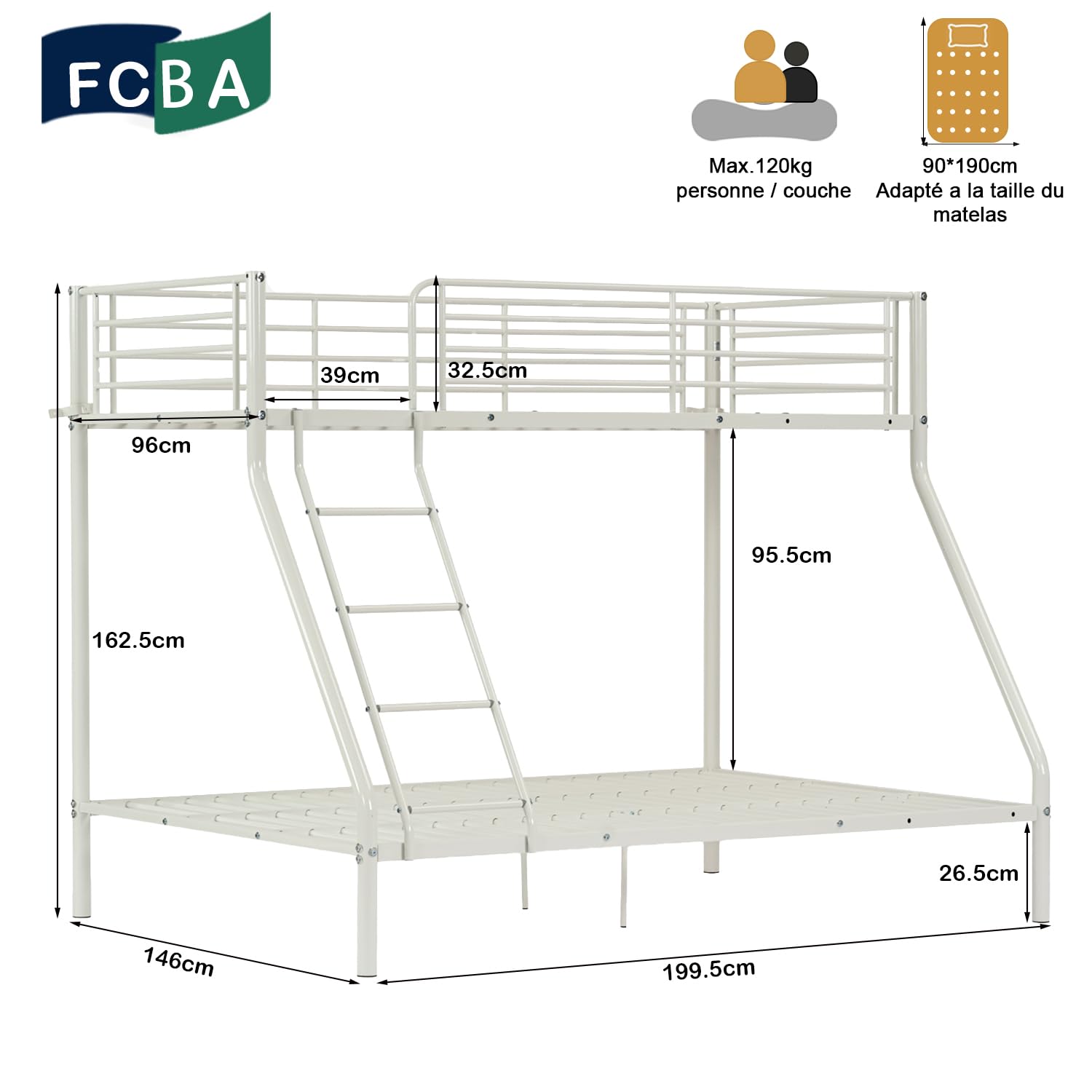 MEUBLE Cosy Litera 3 Personas Marco de Camas Infantil 90 & 140x190cm de Metal con Somier Barandilla y Escalera Estructura Tubular para Niño Dormitorio Casa, Blanco