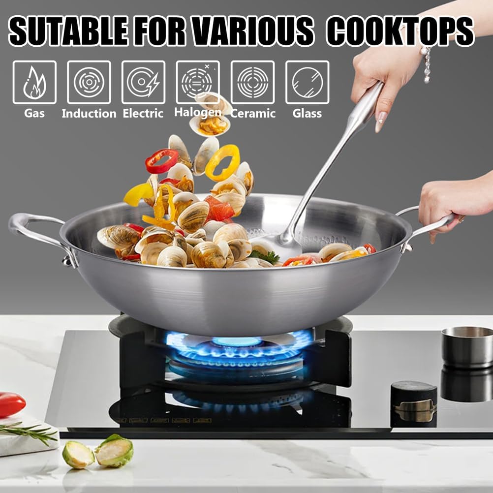 14 Inch Titanium Hammered Wok with Double Handles, Frying Pans Nonstick, Non-Stick Wok, Scratch-Resistant Non Stick Titanium Pans for Cooking,with lid