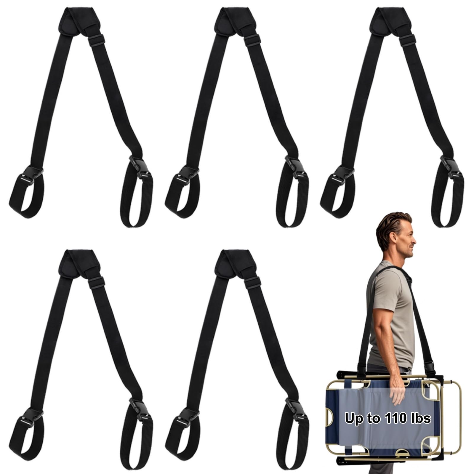 Paquete de 5 correas de transporte ajustables, práctica correa de transporte para silla de playa, camping, correas universales resistentes para picnic, mochila, monopatín, bicicleta plegable