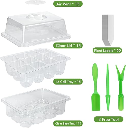 Miniatura 8 de ZOUTOG Bandeja de inicio de semillas, paquete de 15 bandejas reutilizables de germinación de plantas de 180 celdas con cúpula de humedad y orificio