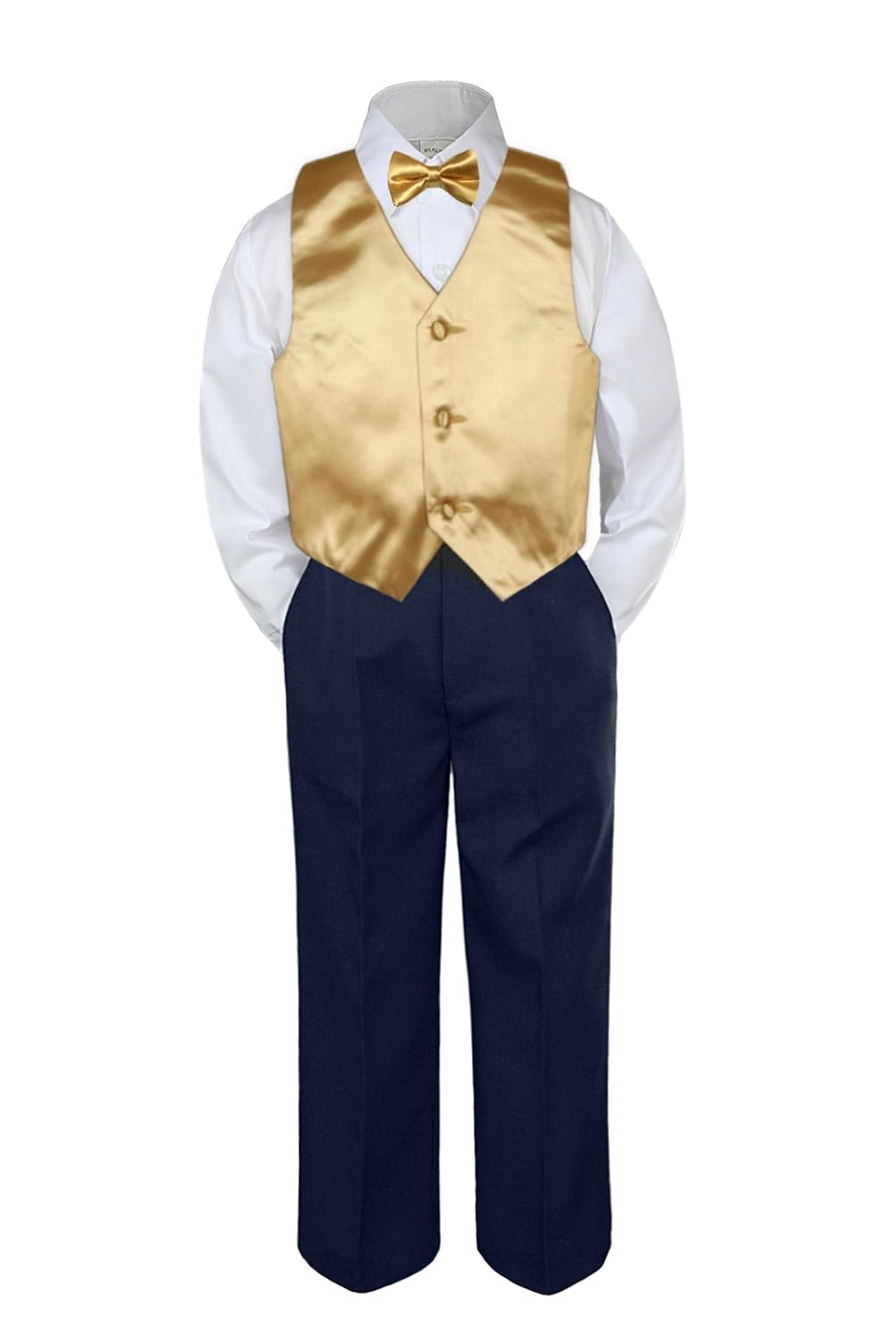Leadertux 4pc Baby Toddler Boy Mustard Vest Bow Tie Set Navy Blue Pants Suit S-7 (L:(12-18 Months))