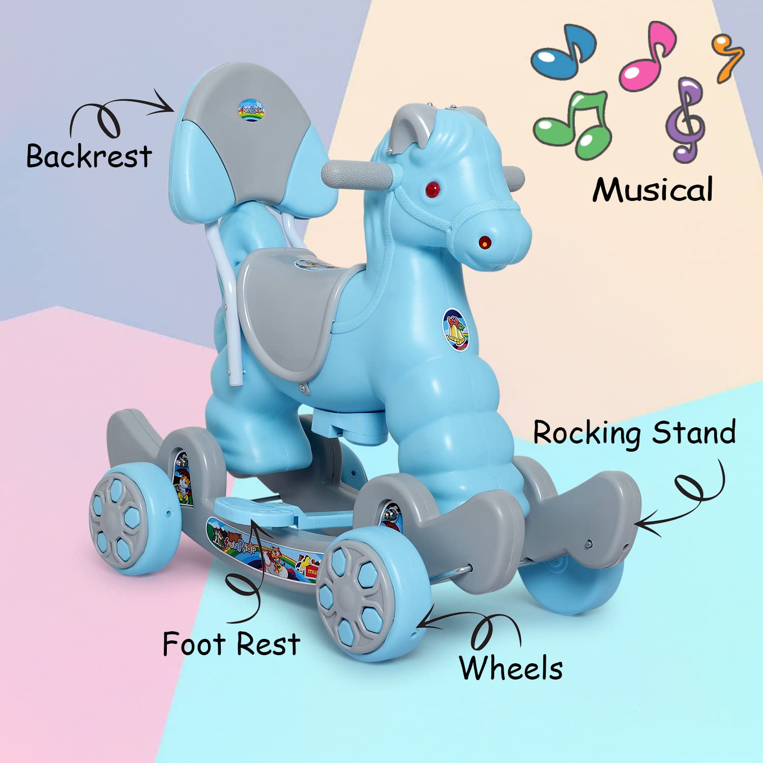 Fun Ride Musical Rocking Horse Ride On For Kids, Murphy Super 2-In-1 Horse Rocker&Ride On Toy With Backrest, Ideal Age, 1 Year To 3 Years, Weight Supported, Upto 25 Kg, Green