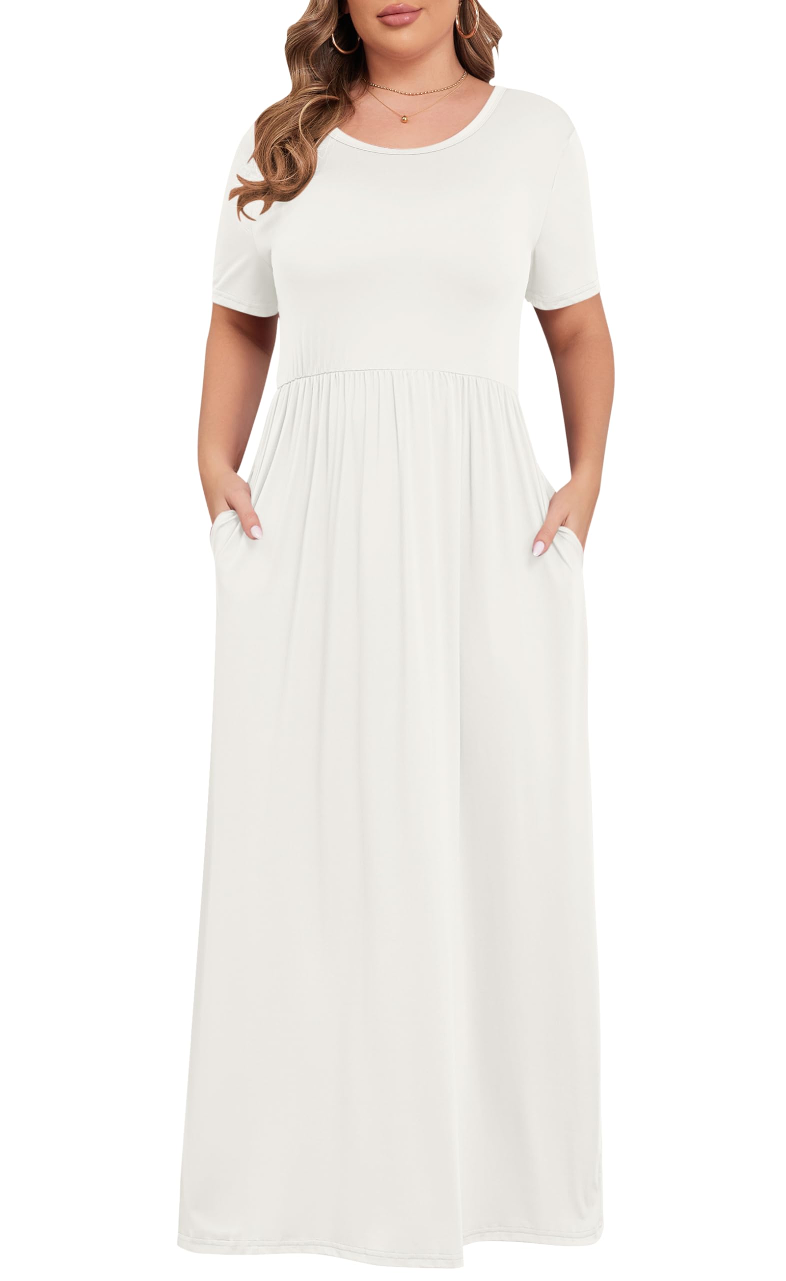 KARALIN Women Plus Size Maxi Dress Short Sleeve Round Neck Loose Fit A-Line