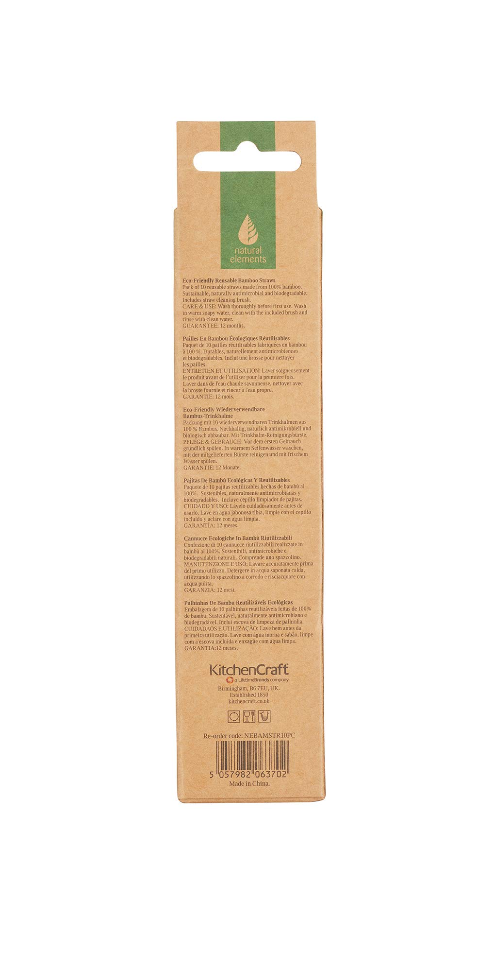 Natural Elements Zestaw Bambusowych Słomek ze Szczoteczką, 10 Sztuk, Wielokrotnego Użytku, 19 cm