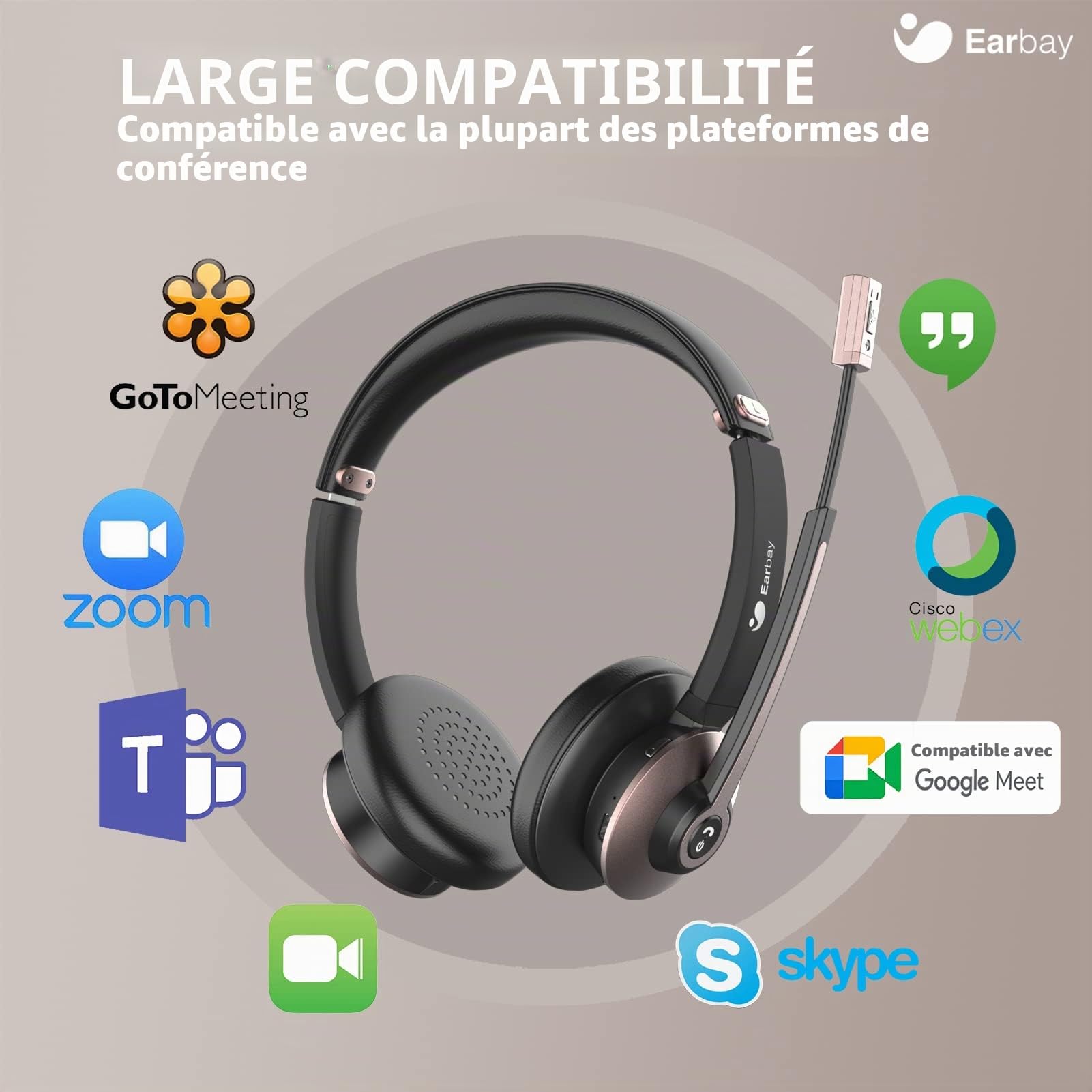 Casque Bluetooth sans fil avec microphone antibruit, casque supra-auriculaire avec clé USB et bouton muet, 26 heures de temps de conversation pour PC/bureau/zoom/Skype Or rose