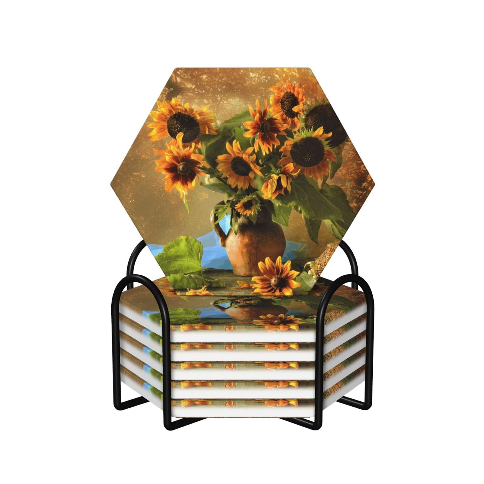Set di 6 sottobicchieri decorativi in ceramica con stampa di girasole