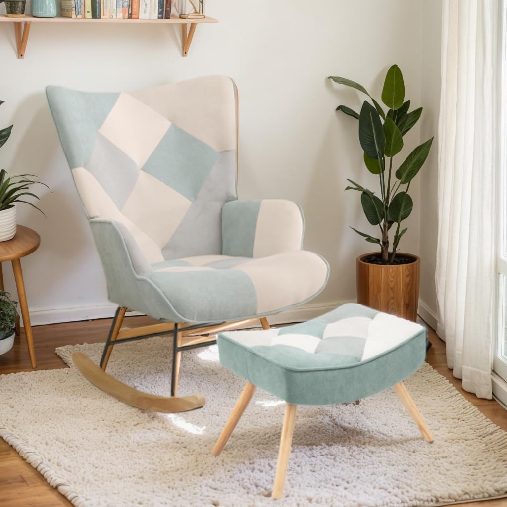 Splendid Indoor Rocking Chair – Premium Modern Rocking Recliner for Reading, Nursery, Indoor Décor – Dazzling Blue Plaid Chair with Splicing Design