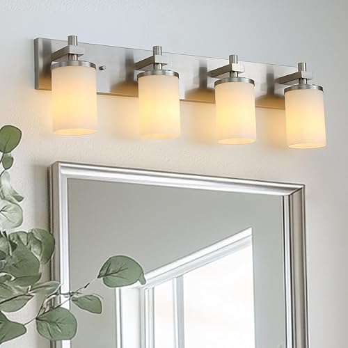 Miniatura 4 de LOUSACE Lámparas de baño sobre espejo de níquel cepillado, 4 luces de tocador de baño con pantallas de vidrio blanco ópalo, apliques de pared