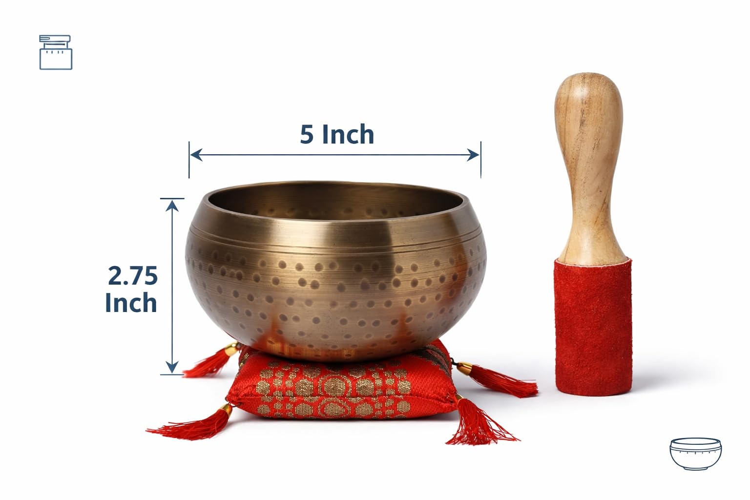 KPAVIR Hand-Hammered Tibetan Singing Bowls Set Musical Instrument for Meditation with Stick and Cushion (Gold) 1