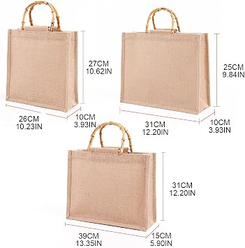 Portable Burlap Shopping Bag Handbag Bamboo Handles Light Brown