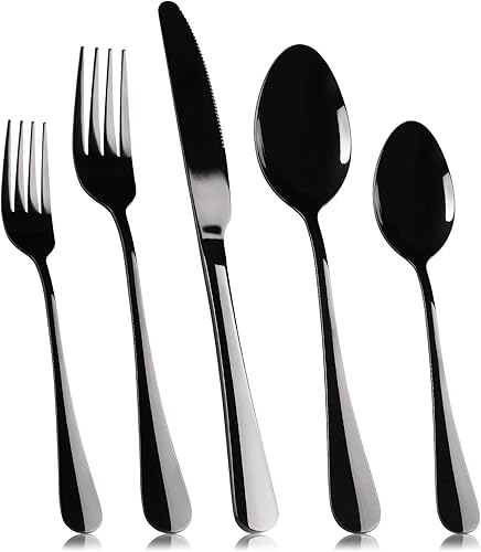 Juego de cubiertos negros para 4, 20 piezas, cucharas, tenedores, cuchillos, juego de cubiertos de acero inoxidable, juego de utensilios de cocina