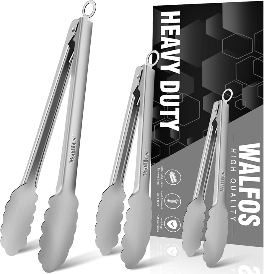 Walfos All Metal Kitchen Tongs for Cooking, BBQ Grilling, 600℉ Heat Resistant Stainless Steel Tongs - Heavy Duty 7 ,9 and 12 Inch Locking Tongs Set of 3