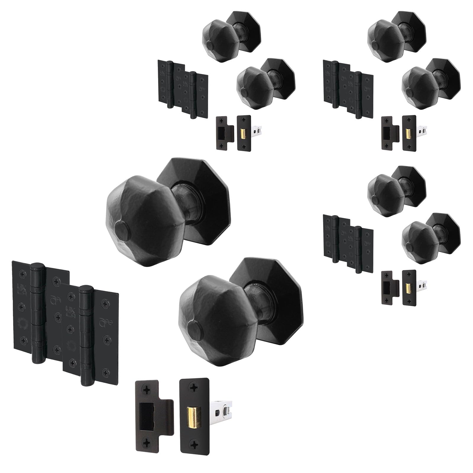 Eai Black Iron Door Knob Set - 4 Pairs Of Cast Iron Antique Octagonal Mortice Knobs, Latches (76Mm) & Hinges (76Mm)
