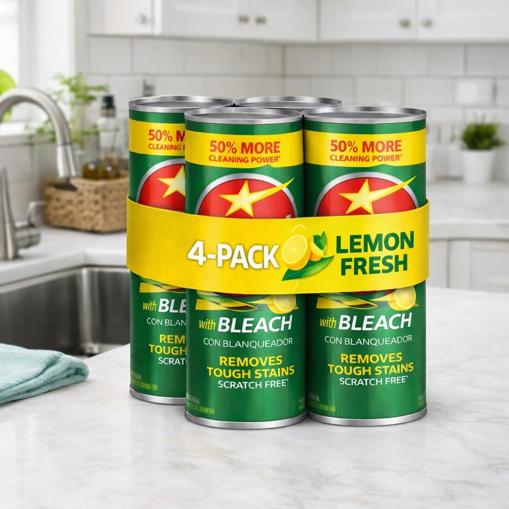Lemon Fresh Bleach Cleanser Powder, 4-Pack, 50% More Cleaning Power, Scratch-Free Formula, Removes Tough Stains for Kitchen, Bathroom, Sink, Tub & Tile