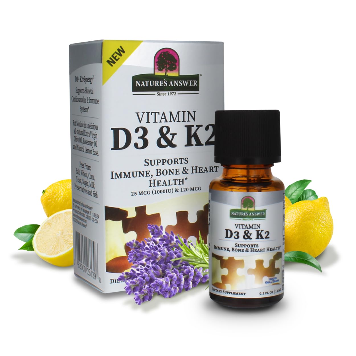 Vitamin D3 and K2, 0.5 oz - Liquid Extract Oral Drops - Supports Immune, Bone and Heart Health - in a Delicious Olive Oil, Rosemary Oil, and Natural Lemon Base