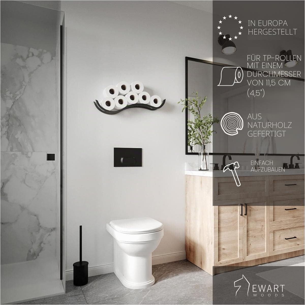 Toilettenpapier aufbewahrung Wand, Badregal aus Holz, Wellenformdesign, Ersatz-Toilettenpapierhalter (Schwarz)