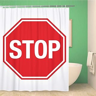 Bathroom Shower Curtain Red Road Stop Sign Warning Traffic Bus Truck Driving 66x72 inches Waterproof Bath Curtain Set with Hooks