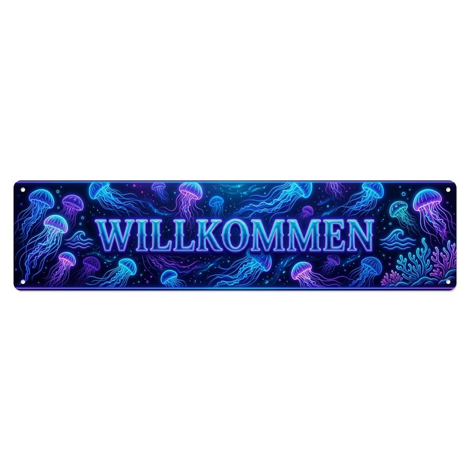 Neon Jellyfish Ocean Glow Welcome Metal Tin Sign