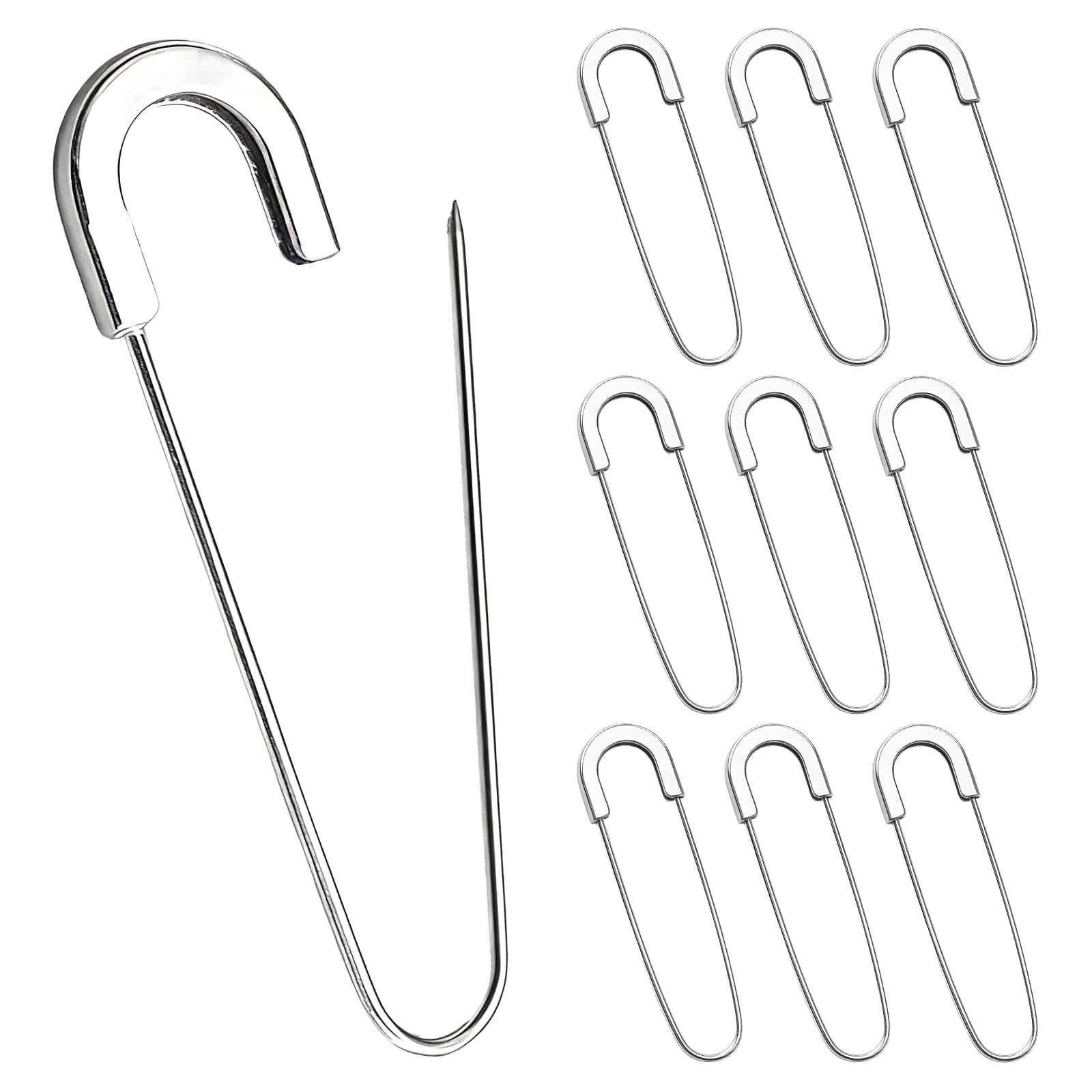 10 Pack Large Safety Pins – Alloy Heavy Duty Brooch Sweater Button Pins - Waist-Retracting Pins for Clothes, Skirts, Costumes and Crafts [80 mm (3.15 In), Silver Tone
