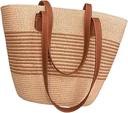 Bolsa de Praia em Palha Trançada com Listras Marrom Alça em Couro Marrom Design Listrado Natural Estilo Tote para Verão