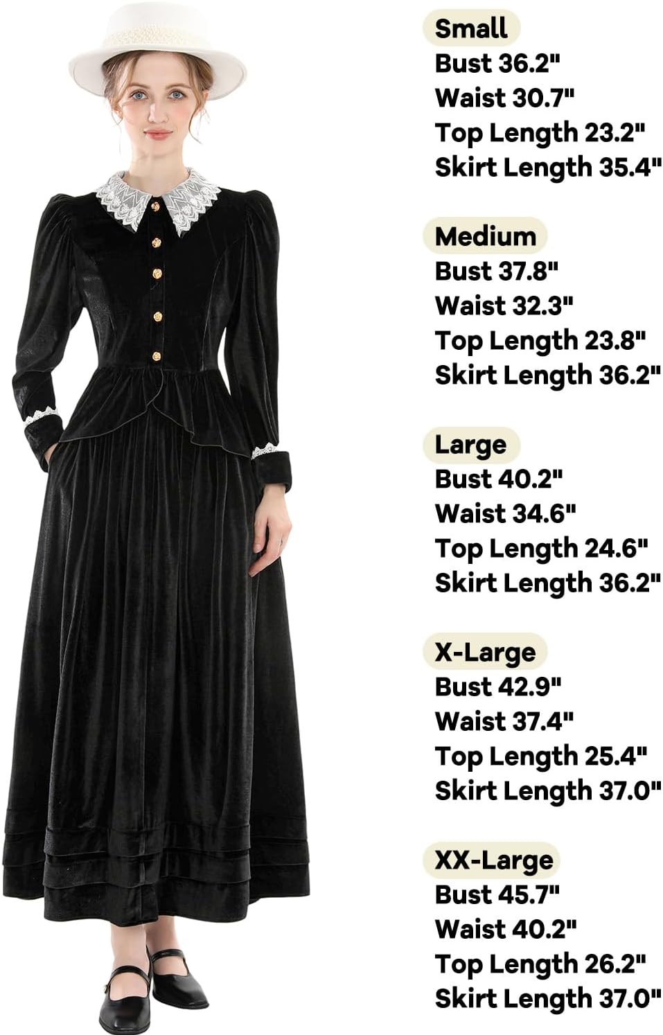 FCCAM Velvet Victorian Dress for Women Black 2-Piece 1800s Edwardian Dresses Costume with Pockets M - Image 4
