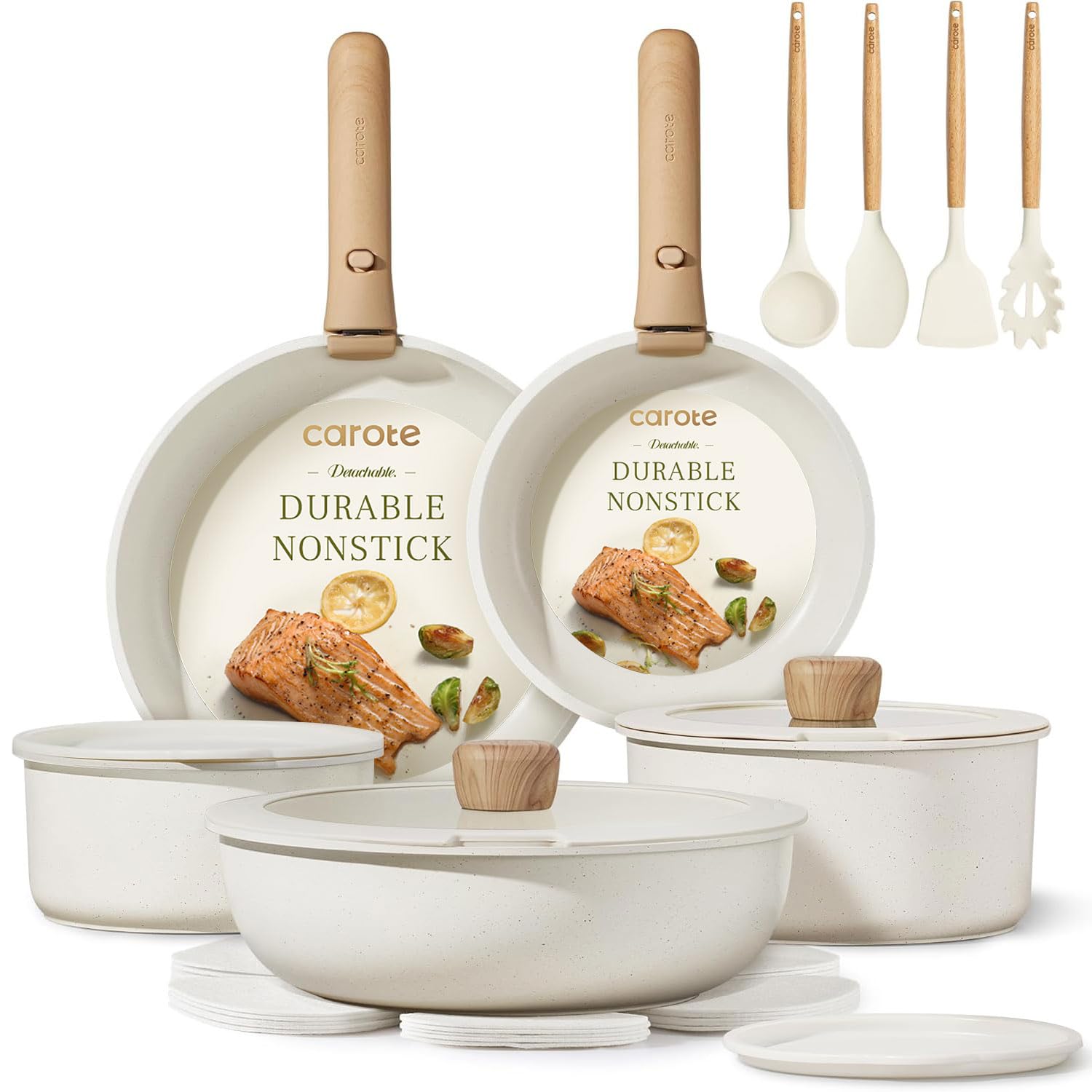 CAROTE 19pcs Pots and Pans Non Stick, Cookware Sets Detachable Handle, Induction Kitchen Pots and Pans,NonStick Cooking Set, Oven/Dishwasher/Fridge Safe, Space Saving