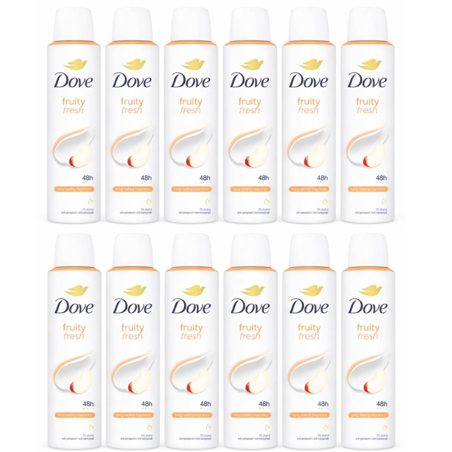 Dove Fruit Fresh Deodorant-Spray, Anti-Transpirant, 48H, ohne Alkohol, mit Feuchtigkeitscreme, fruchtiger Duft, 150 ml (12 Stück)