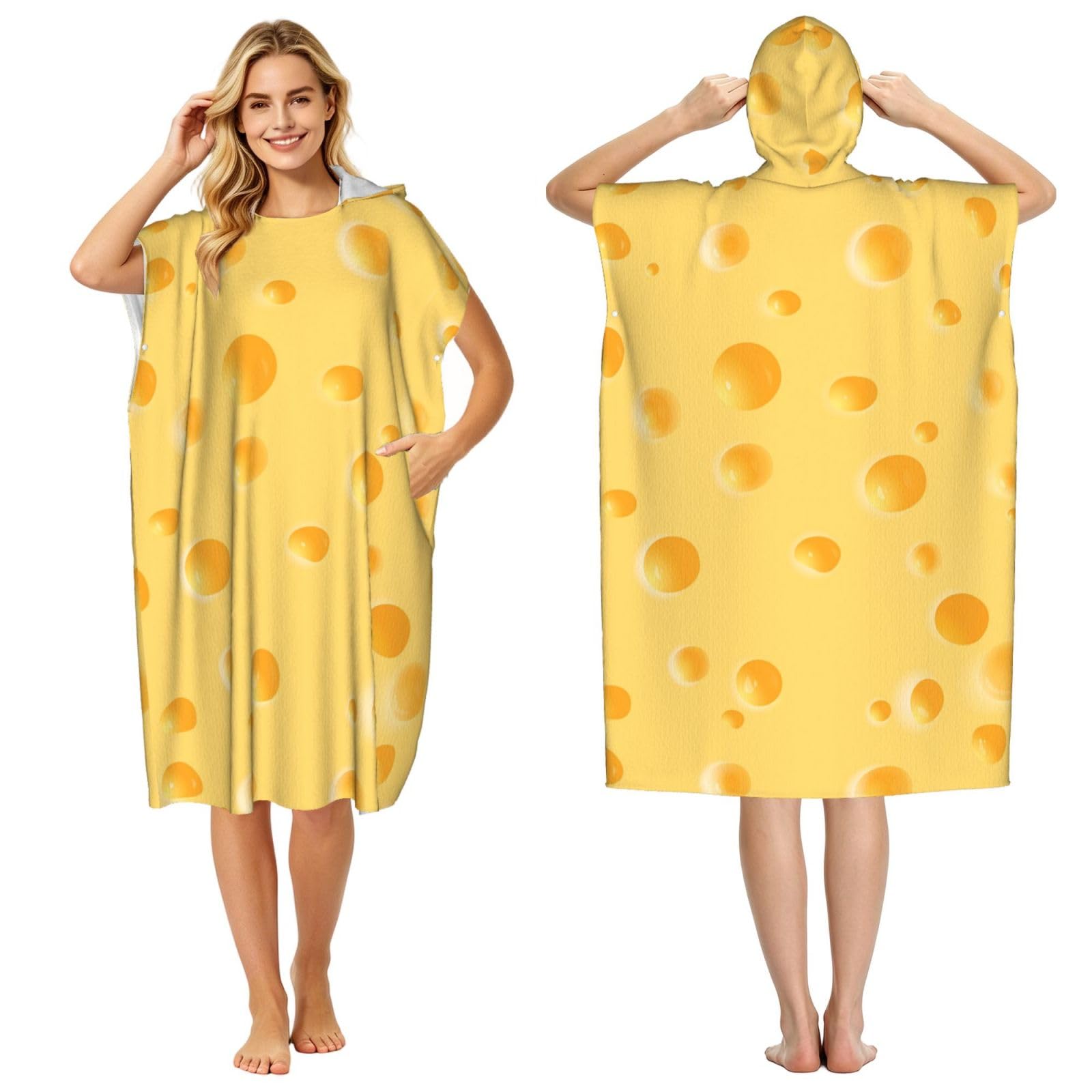 Poadnly Yellow Cheese Pattern, Adult Hooded Beach Towel 90 x 110 cm,Changing Bath Robe, Surf Poncho Towel For Women Men