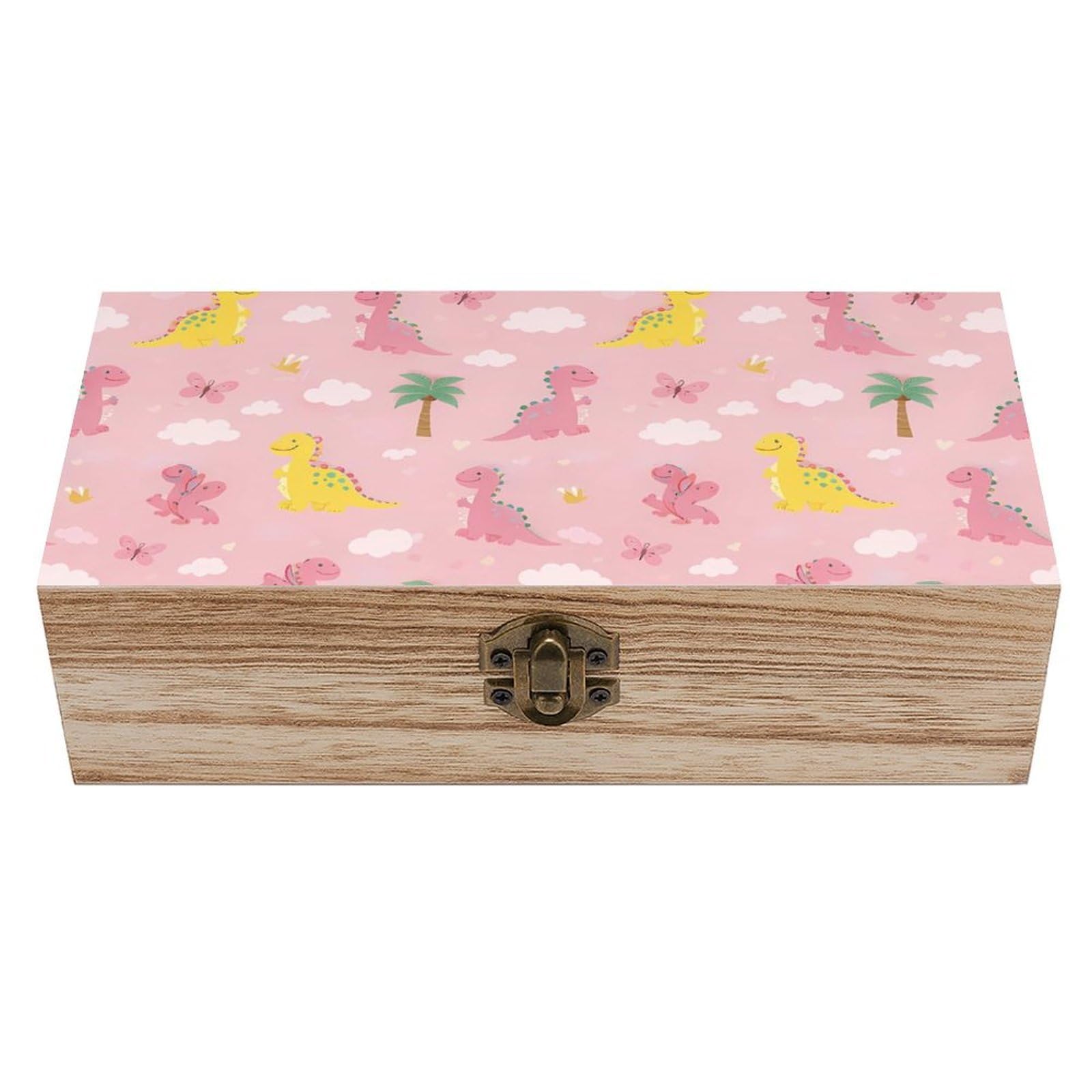 SMAZDFXX Pink Cute Dinosaur Wooden Storage Box With Hinged Lid Decorative Front Clasp Keepsake Boxes