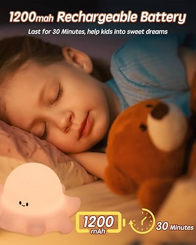 Miniatura 3 de Lindo pulpo recargable de silicona nocturna para niños, luz nocturna regulable con control táctil con temporizador, lámpara de noche portátil USB