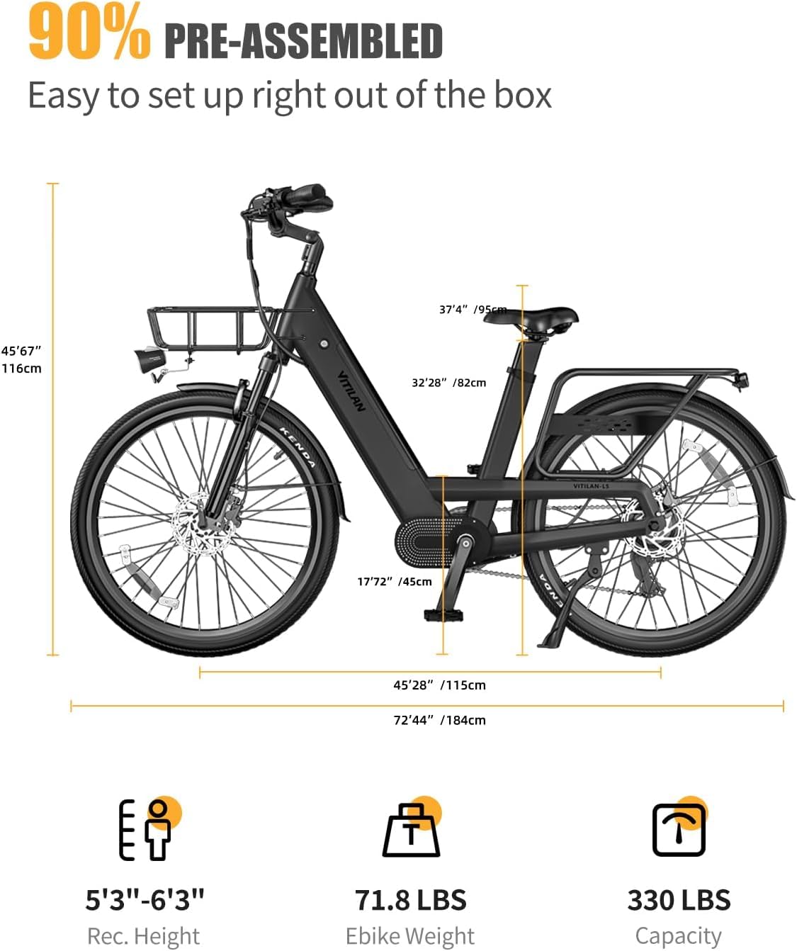 VITILAN L5 Nera Bici Elettrica per Adulti,con Sensore di Coppia, Bici Elettrica Uomo Donne e Uomini 26",Motore 250W, Fino a 25 Km/h,Batteria 15 Ah 720 Wh, Cestino Anteriore e Freni Idraulici