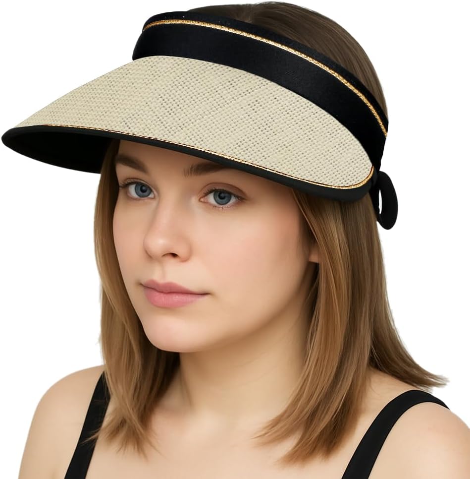 Women Sun Hat Ponytail Straw Beach UPF Protection Packable Visor for Summer